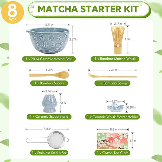 8 PCS Matcha Whisk Set, Japanese Tea Set includes Matcha Bowl Tea Making Tools Kit Ceramic Whisk Holder Stand, Sifter