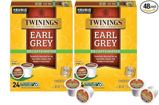 Twinings Decaf Earl Grey K-Cup Pods for Keurig, Decaffeinated Black Tea Flavoured with Citrus and Bergamot, 24 Count (Pack of 2)