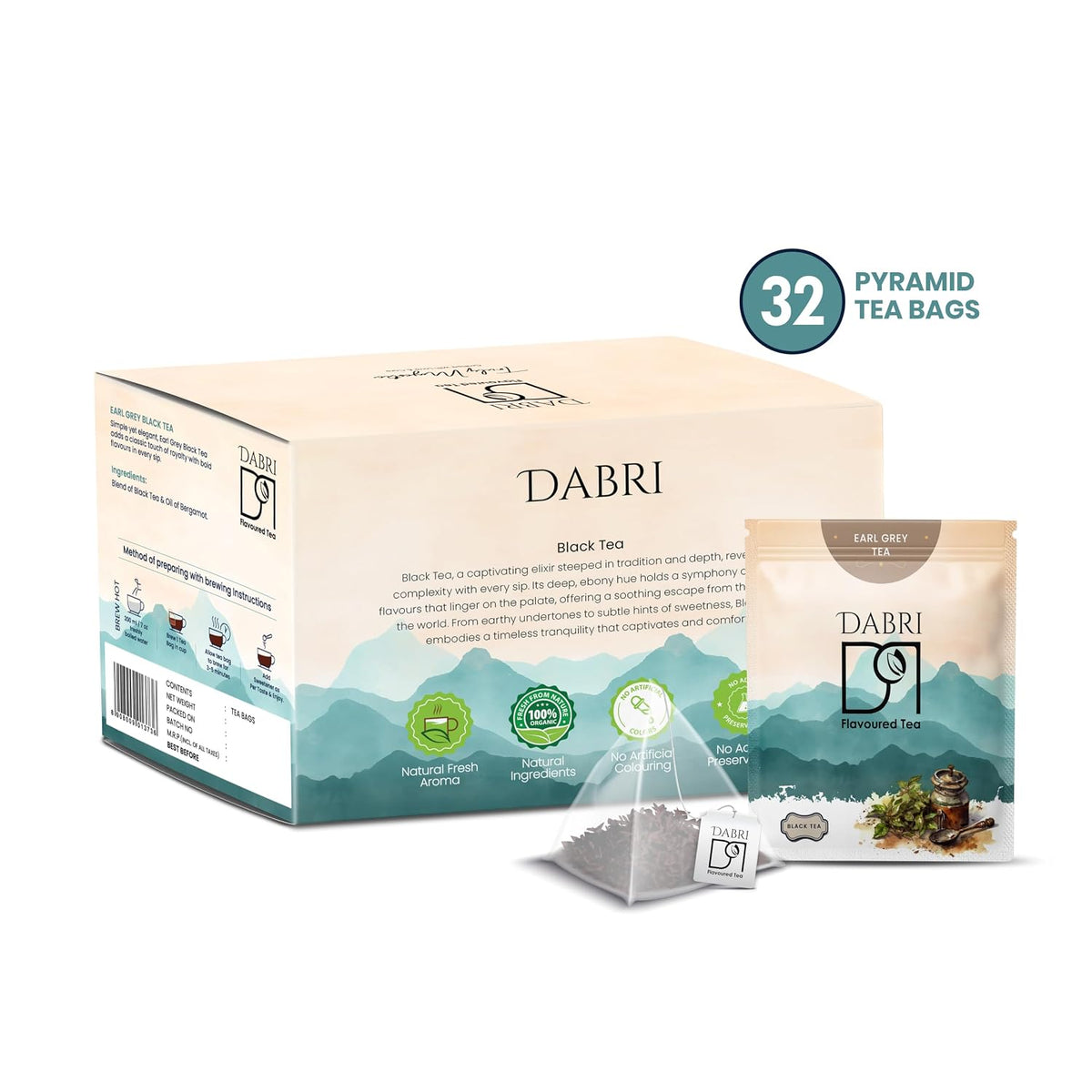 Dabri Earl Grey Tea Bags, Premium Whole Leaf Black Tea with Natural Bergamot | 32 Biodegradable Pyramid Tea Bags