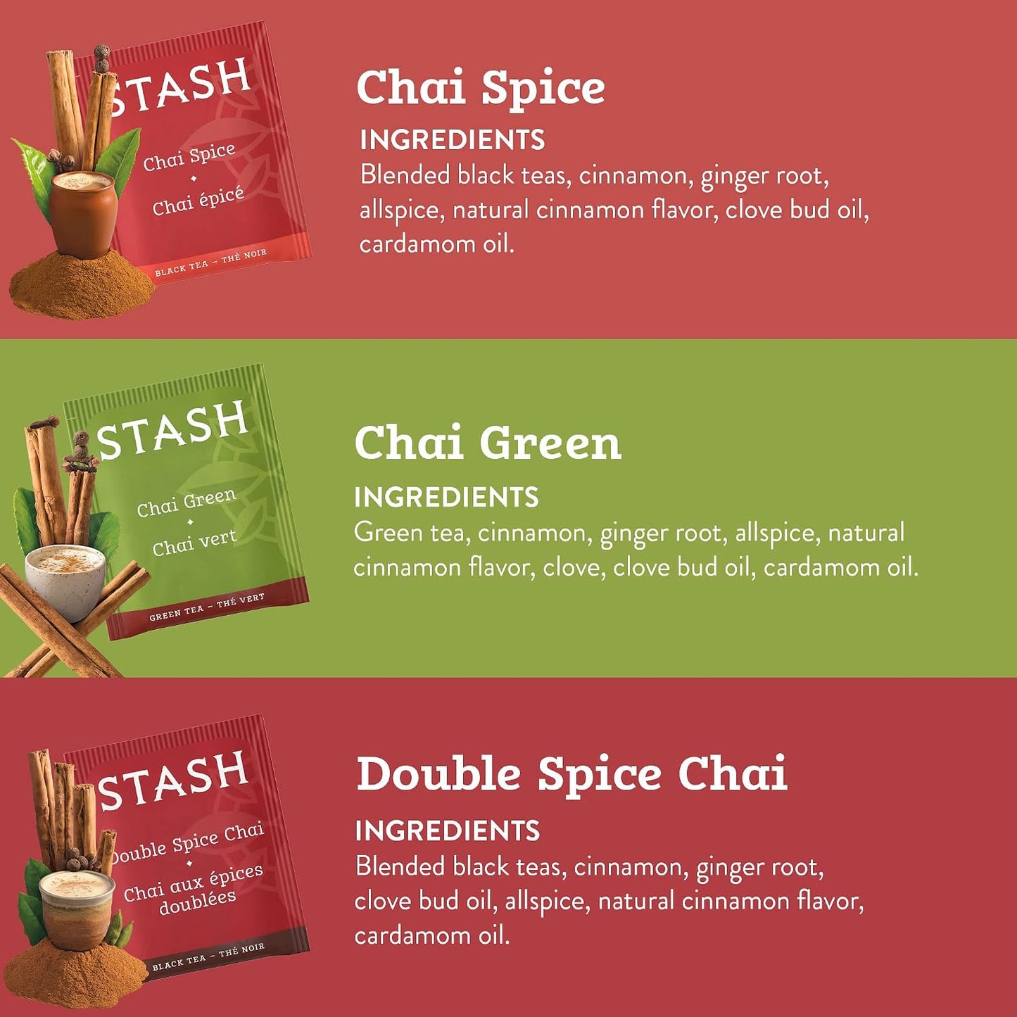 Stash Tea Chai Tea Variety Pack Sampler Assortment - Caffeinated, Non-GMO Project Verified Premium Tea with No Artificial Ingredients, 18-20 Count (Pack of 6)