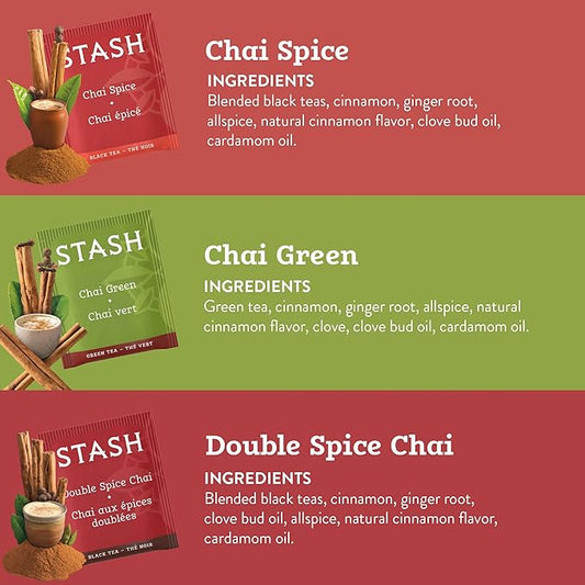 Stash Tea Chai Tea Variety Pack Sampler Assortment - Caffeinated, Non-GMO Project Verified Premium Tea with No Artificial Ingredients, 18-20 Count (Pack of 6)
