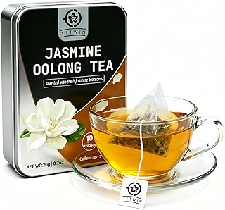 Jasmine Oolong Tea Loose Leaf, 10ct Teabags, Tie Guan Yin with 3-Round Jasmine Scenting, Plant-based tea bag, Resuable Pocket Tin