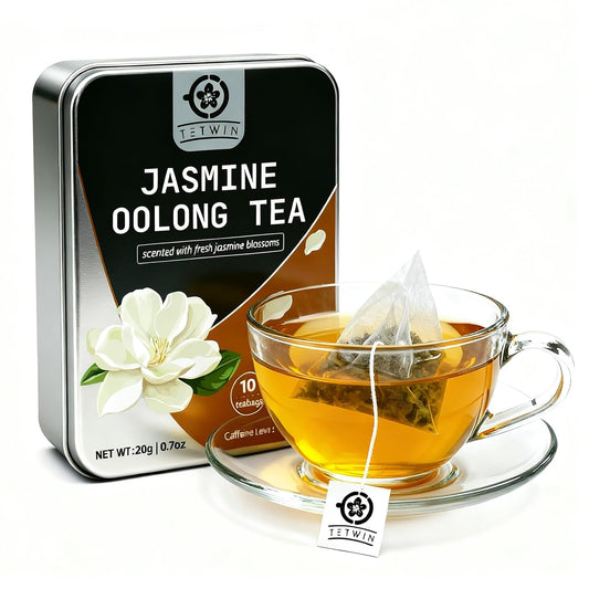 Jasmine Oolong Tea Loose Leaf, 10ct Teabags, Tie Guan Yin with 3-Round Jasmine Scenting, Plant-based tea bag, Resuable Pocket Tin