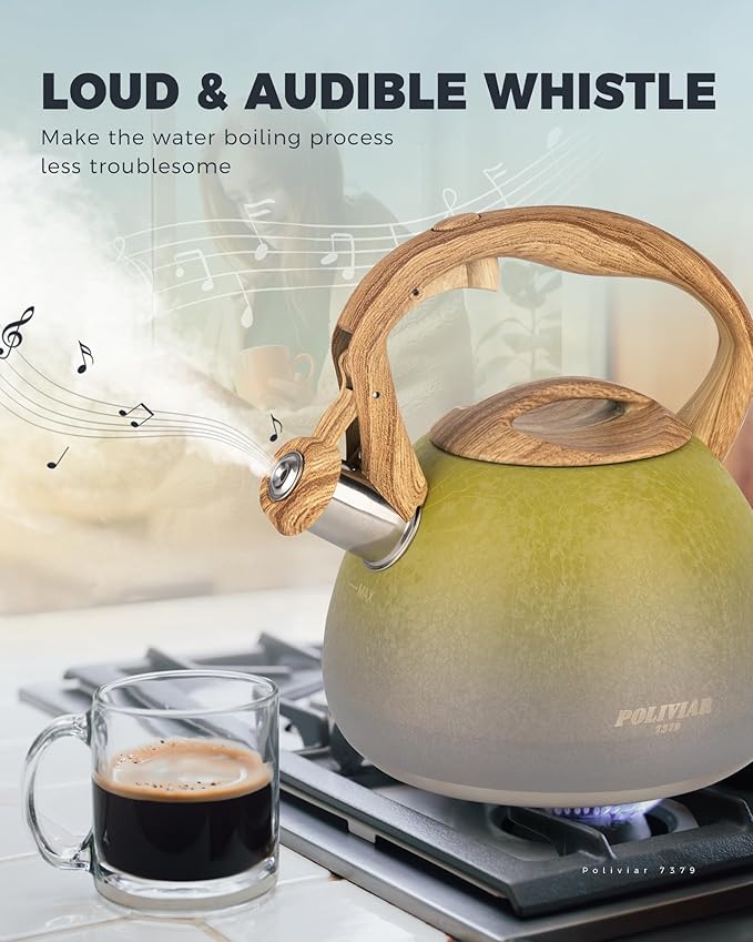 Poliviar Tea Kettle, 2.7 Quart Stovetop Tea Kettle, Audible Whistling Teapot with Crackle Finish, Food Grade Stainless Steel for Anti-Rust