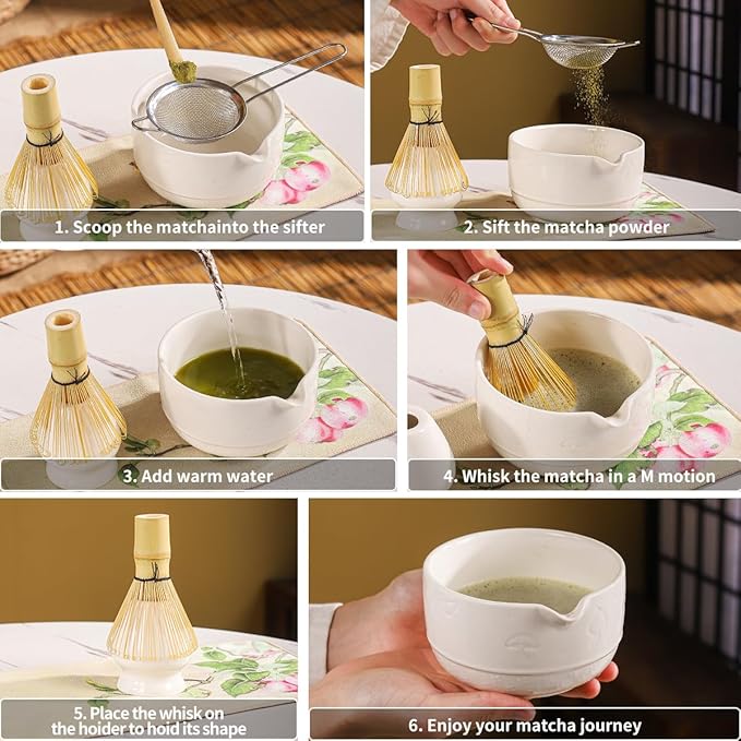 Matcha Set, 8-Piece Ceramic Matcha Bowl & Whisk Kit with Mushroom Pattern, Traditional Japanese Chawan, Bamboo Chasen, Scoop & Sifter