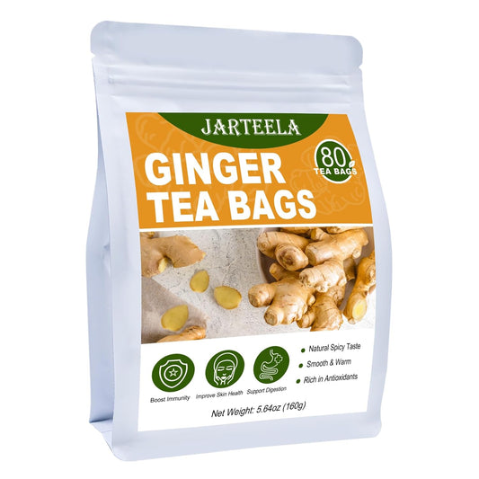 Jarteela - Ginger Tea Bags, 80 Ct, Ginger Root Teabags | Ginger root with warm, spicy notes. Supports gentle digestion and helps maintain healthy-looking skin. Caffeine-free, Non-GMO