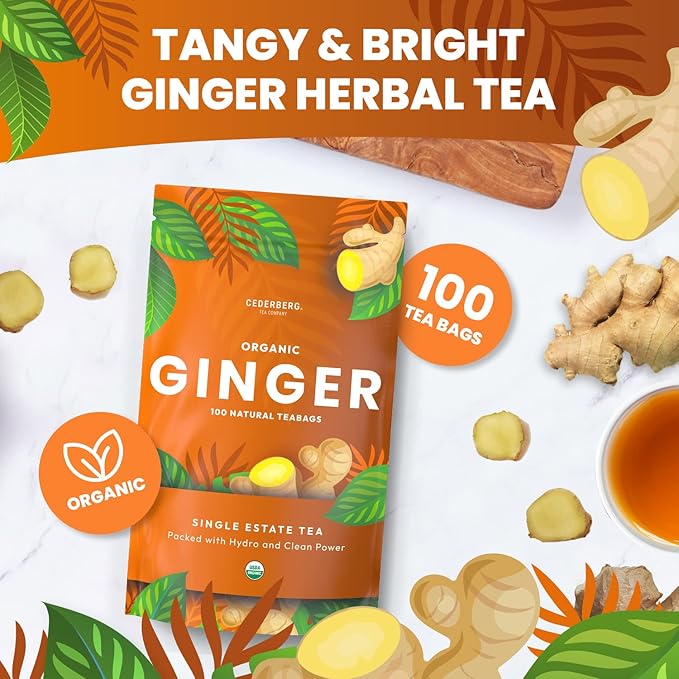 Organic Ginger Tea — 100 Tea Bags, Organic Herbal Tea From Single Origin, Eco-Friendly, Non-GMO Caffeine Free, Cederberg Tea Company.