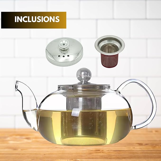 20oz (600ml) Small Clear Glass Tea Pot Set with Infuser – High Borosilicate Stovetop Teapot for Loose Leaf Tea, Herbal Infusions, and Blooming Teas