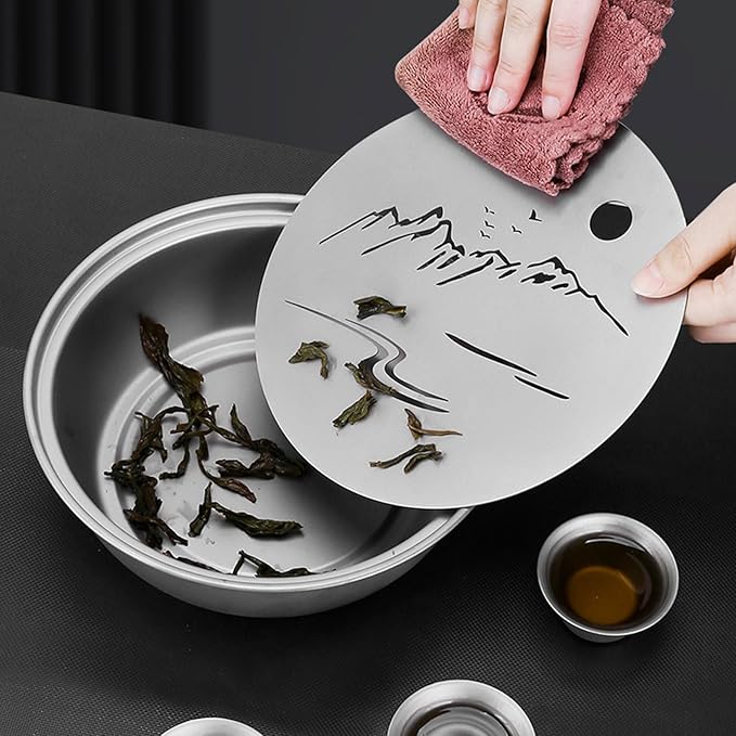 Portable Titanium Tea Set Lightweight 130ml Gaiwan & 4 Mini Teacups Storage Water Tea Tray Outdoor Picnic Hiking Chinese Gongfu Tea Kit Storage Bag