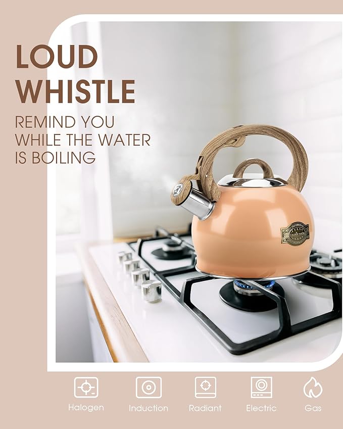 Tea Kettle Stovetop, 2.1 Quart Stove Top Whistling Tea Kettle, Teapot Kettles with Food Grade Stainless Steel and Wood Pattern Folding Handle