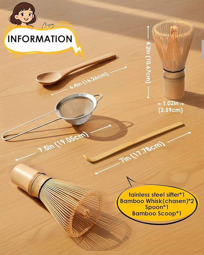 Bamboo Matcha Whisk Set with 2-pack 100% Natural Bamboo matcha Whisk,Sifter,Tea Scoop and Tea Spoon，Handcrafted Traditional Japanese Chasen