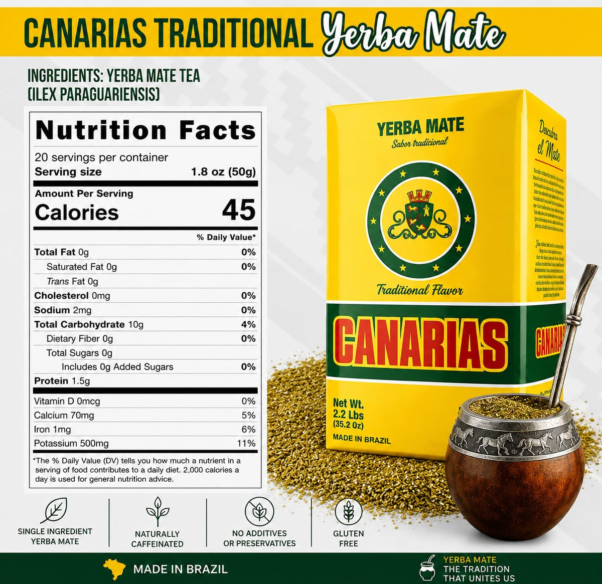 Canarias Yerba Mate Traditional Ground Leaf Tea 1Kg - 2.2Lbs - Pack of 2