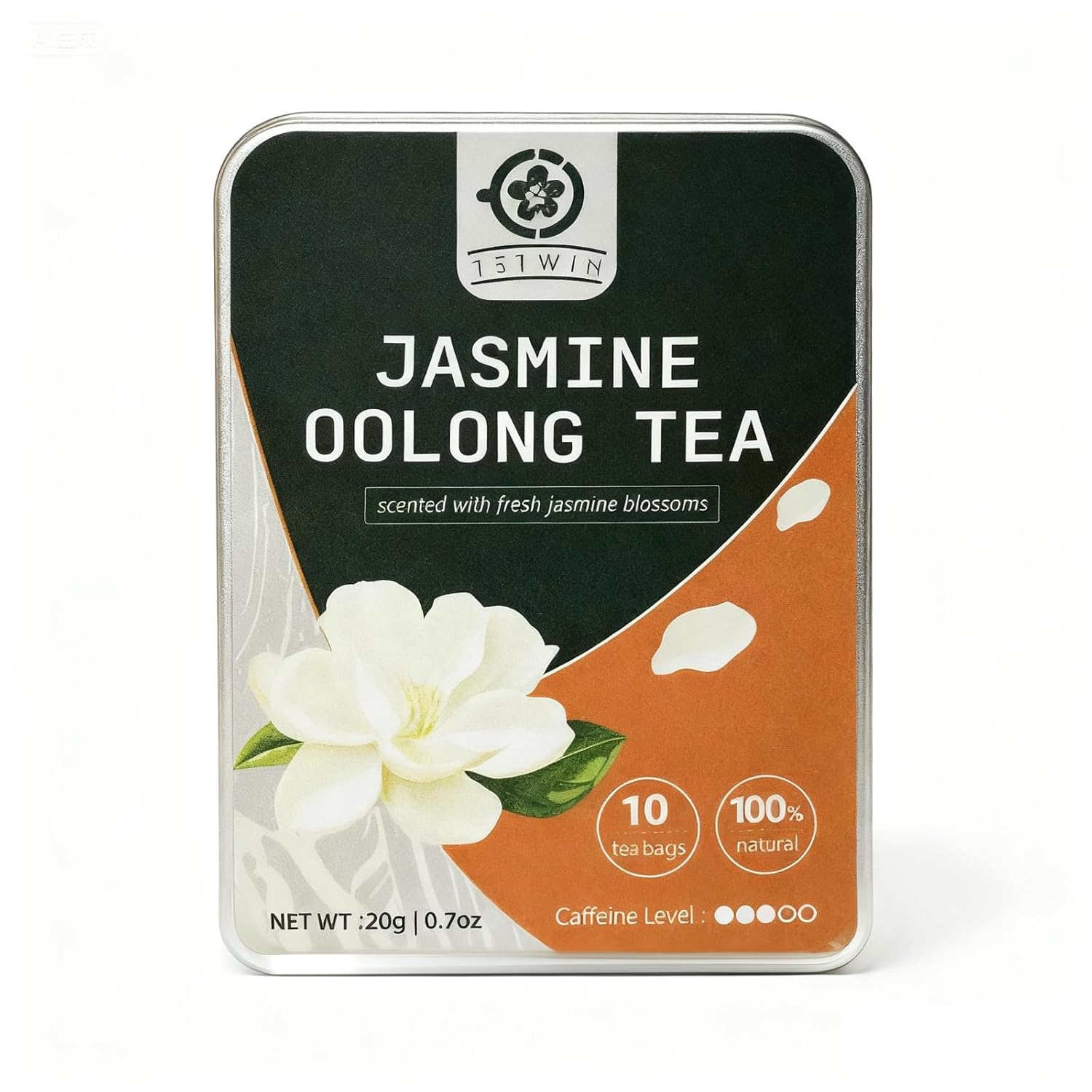 Jasmine Oolong Tea Loose Leaf, 10ct Teabags, Tie Guan Yin with 3-Round Jasmine Scenting, Plant-based tea bag, Resuable Pocket Tin