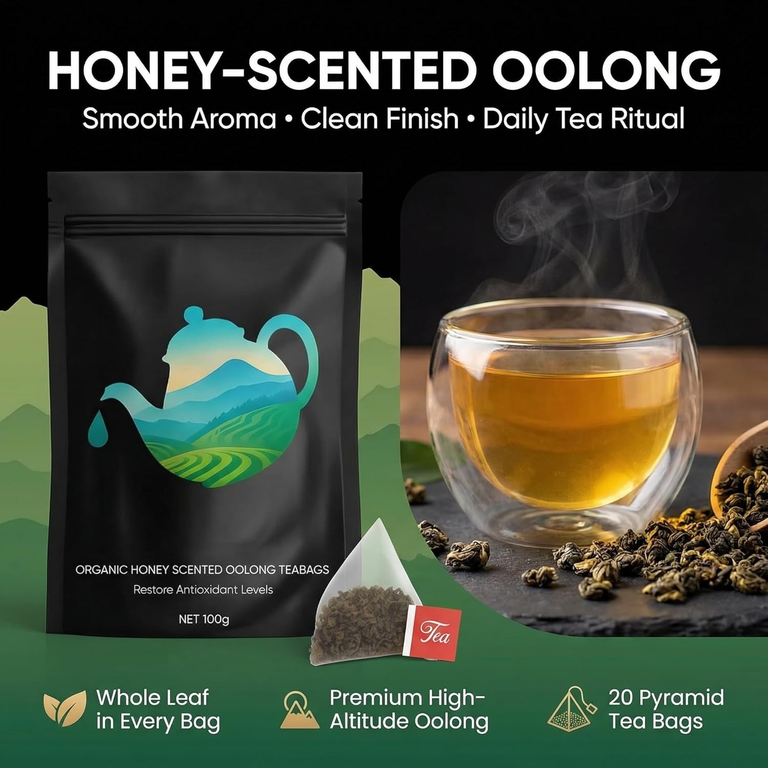 Oolong Tea Bags – Organic Whole Leaf Oolong – 20 Bags (5g Each) – Natural Relaxing Tea for Calm Mind & Healthy Lifestyle – Premium Organic Oolong Tea (1)