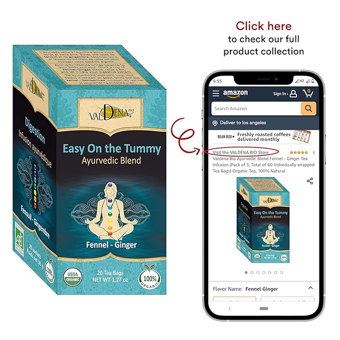 Valdena Bio Ayurvedic Blend Ginger Fennel Tea Bags Organic Infusion (Pack of 3, Total of 60 Individually wrapped Tea Bags) Herbal Tea, Fennel Ginger Tea Caffeine free Fennel tea bags for digestive support