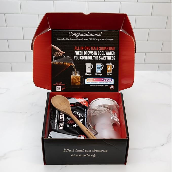 Cane Brew Iced Tea Sampler – Sweet & Unsweetened Gift Set with Pitcher, Spoon, & Cups – Charming Southern Variety Pack for Holidays & Tea Drinkers