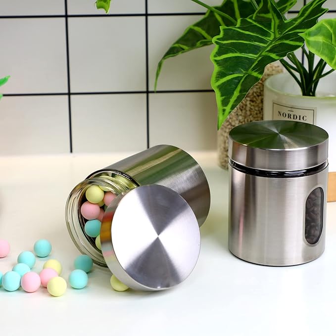 Mimorou 6 Pack Kitchen Canisters Set Airtight Coffee Sugar Tea Candy Storage Jars with Window Glass Stainless Steel Containers with Lids for Flour Cookies Spices Grains Kitchen Decorations(20 oz)