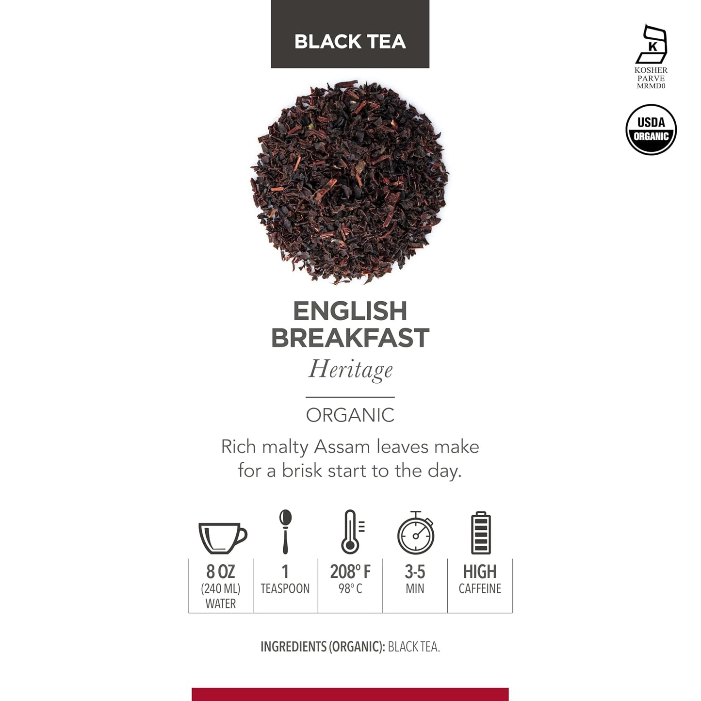 Teabloom Organic Black Tea, English Breakfast Heritage Loose Leaf Tea, Classic Variety from Sewpur Estate, USDA Certified Organic, 3.53 Ounce Loose Leaf Tea Canister Makes 35-50 Cups