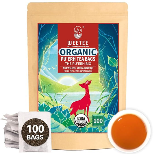 WT WEETEE Organic Puerh Tea Bags, Organic Ripe Pu'erh Tea 100 Count, Smooth, Subtly Sweet, Earthy Dark Tea Black Tea, Rich Antioxidants