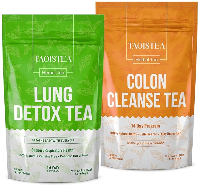 TAOISTEA Colon & Lung Detox Tea Set - 2 Herbal Blends, 14 Day Supply Each | Dual-Action Cleanse for Gut Health, Respiratory Support & Daily Detox
