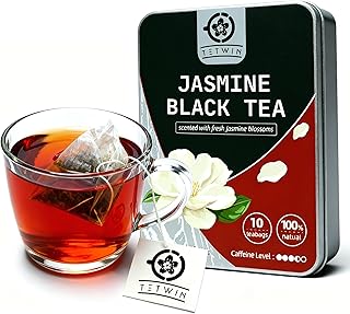 Jasmine Black Tea Bags, 3-Scented Loose Leaf in PLA teabag - Bitterness-Free, Naturally Sweet & Mellow, 10 Count Portable Tin
