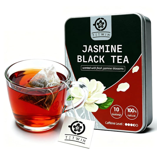 Jasmine Black Tea Bags, 3-Scented Loose Leaf in PLA teabag - Bitterness-Free, Naturally Sweet & Mellow, 10 Count Portable Tin