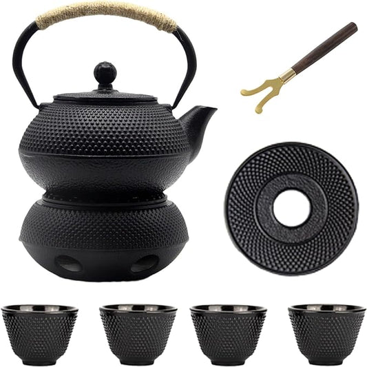 30.4oz Small Cast Iron Teapot Set with Candle Warmer, Japanese Tea Kettle for Stovetop Safe, Black Teapot and Tea Cup Set, Tea Pot with Strainer for Loose Leaf(900ml)