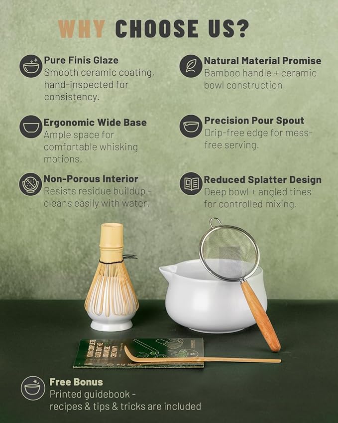 Nucookery Matcha Whisk Set - 5 Pcs Matcha Set with 18oz Ceramic Matcha Bowl (Chawan) with Spout, Bamboo Whisk & Holder, Scoop and Sifter