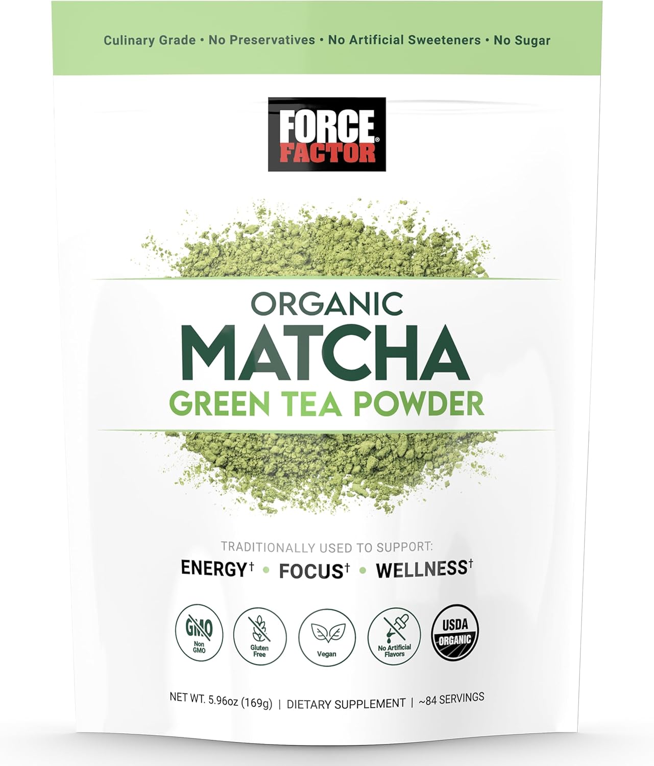 Force Factor Organic Matcha Green Tea Powder for Energy, Focus, and Daily Wellness, Culinary Grade, USDA-Certified Organic, Rich and Delicious Flavor 169g, 84 Servings