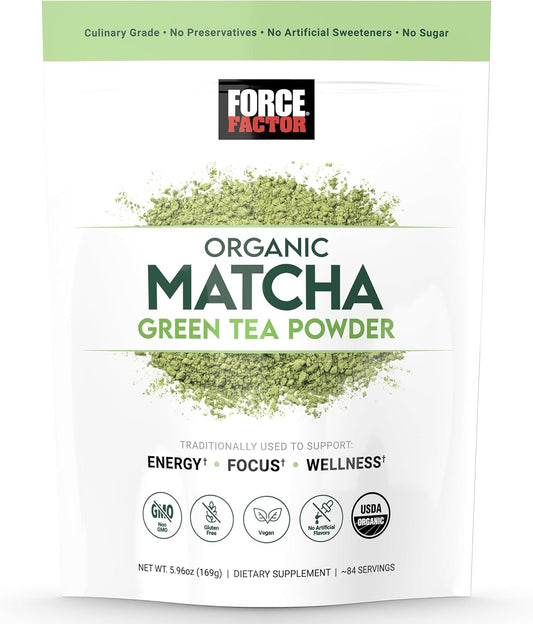 Force Factor Organic Matcha Green Tea Powder for Energy, Focus, and Daily Wellness, Culinary Grade, USDA-Certified Organic, Rich and Delicious Flavor 169g, 84 Servings