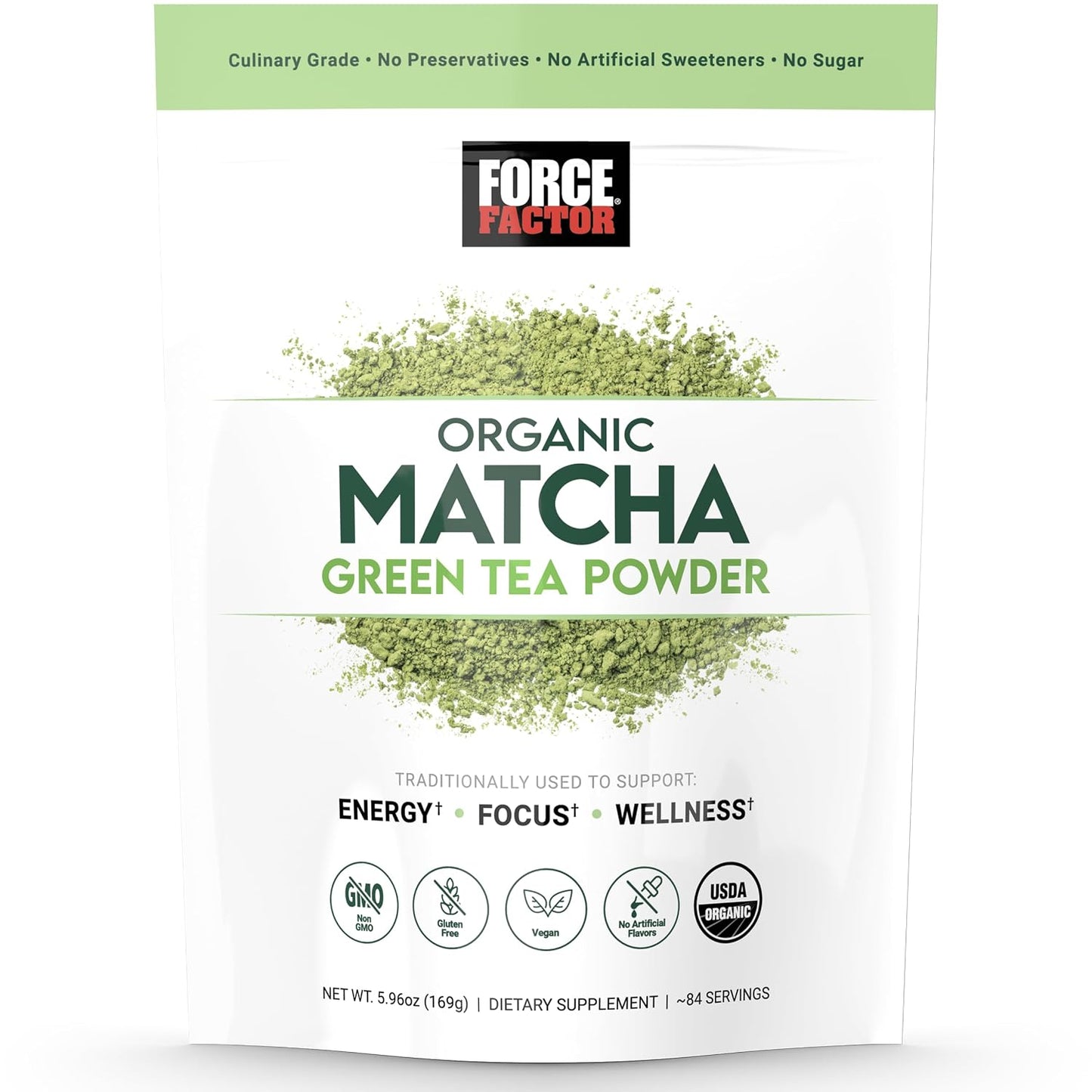 Force Factor Organic Matcha Green Tea Powder | for Energy, Focus &amp; Daily Wellness, Culinary Grade, USDA-Certified Organic, Rich &amp; Delicious Flavor 169g, 84 Servings