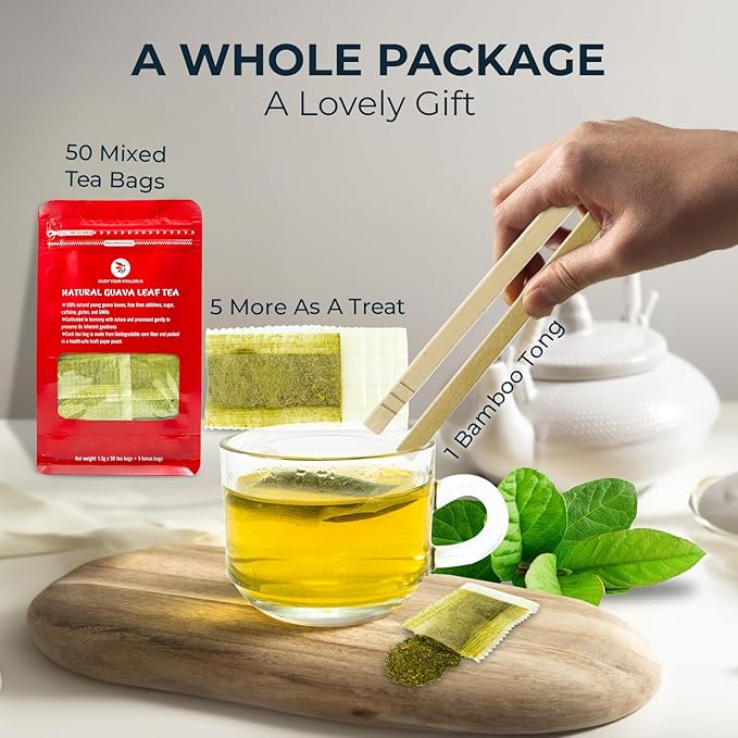 Guava Leaf Tea Bags - 55 Count (+5 Tea Bags) - 4.06 oz with Bamboo Tong, Handpicked & No Sugar Added, No Caffeine, Re-Steep Herbal Tea