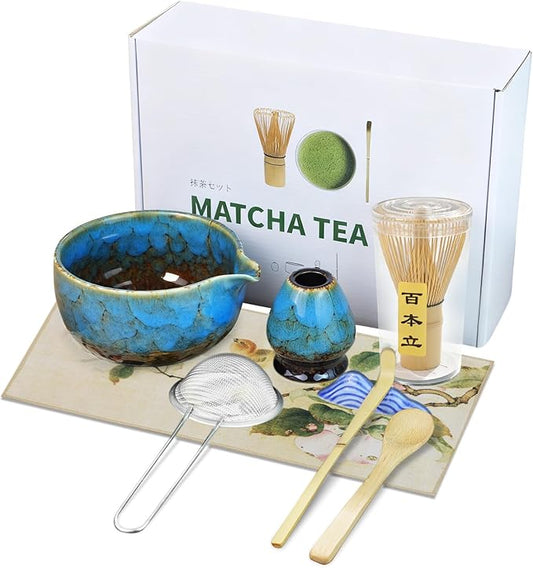 Heymkgo Matcha Whisk Set 8 Pcs, Sapphire Blue Matcha Bowl with Spout, Bamboo Whisk & Holder, Scoop, Scoop Rest, Sifter, Bamboo Spoon & Tea Towel
