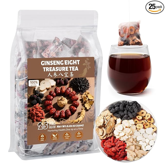 Goji Berries Ginseng Herbal Tea Formula Ginseng Eight Treasure Tea 8 Natural Ingredient & Repair for Women & Men 25 Count, Caffeine-Free (Pack of 1）