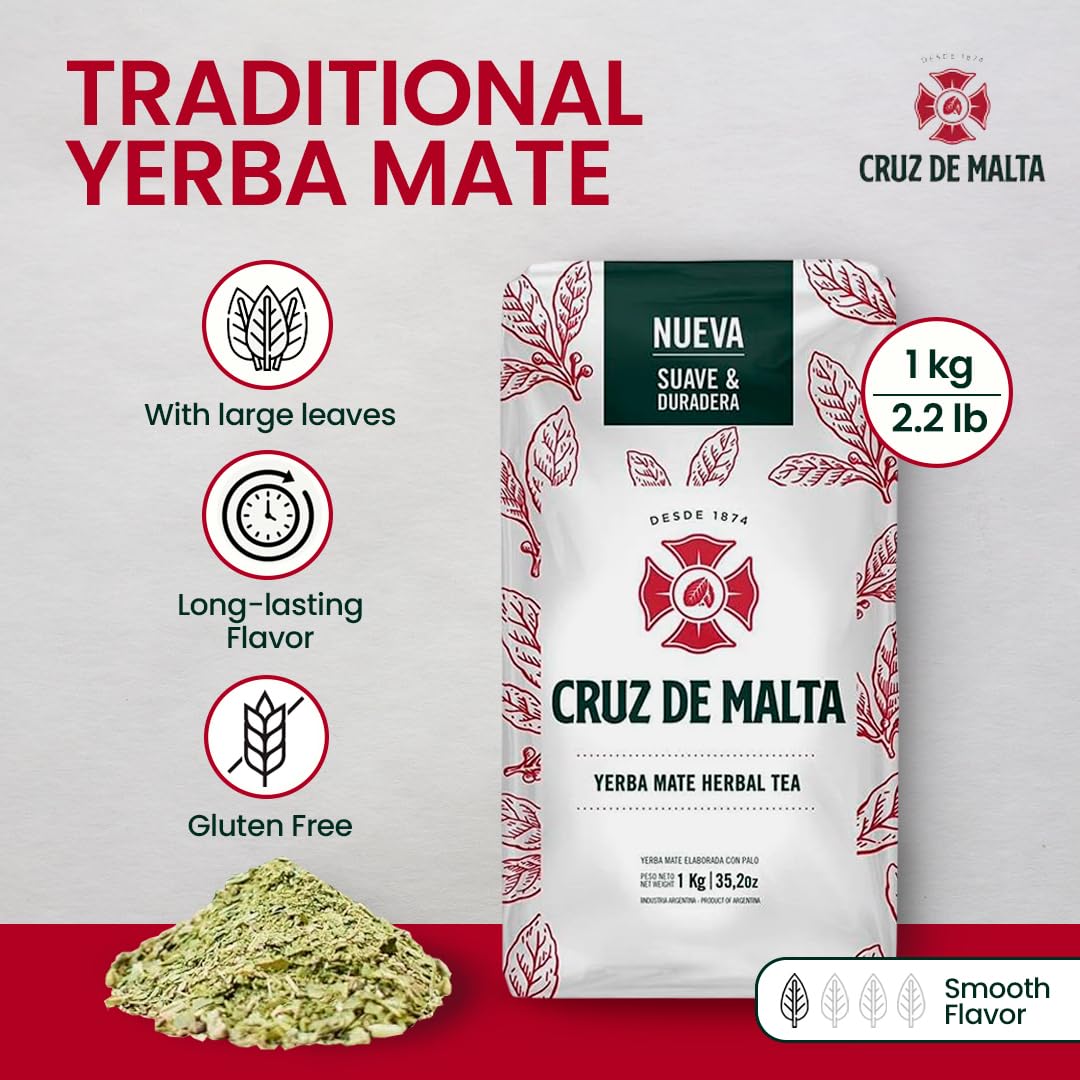Cruz de Malta Yerba Mate - Suave y Duradera 2.2 Lb - 1Kg - Pack of 3
