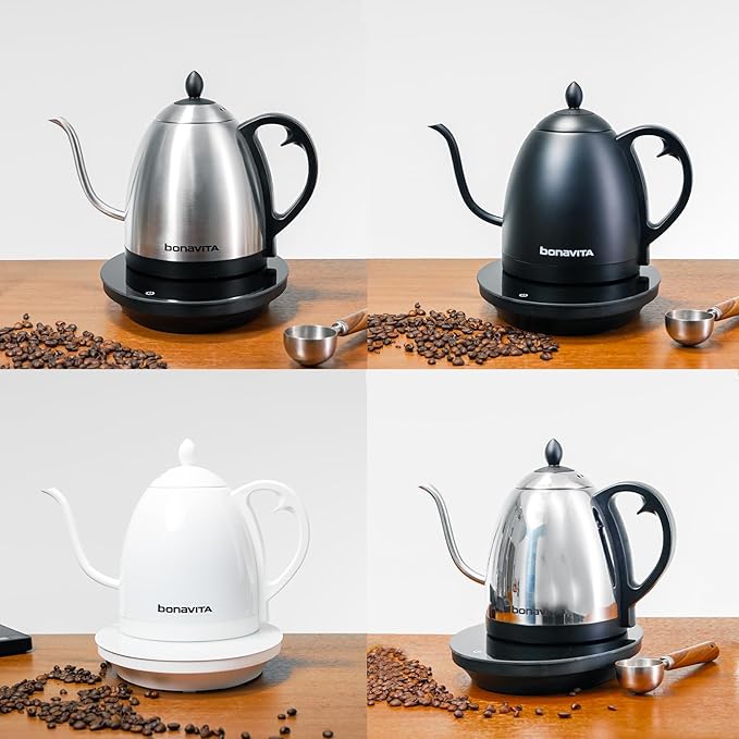 Bonavita Cosmopolitan 1.0L Gooseneck Electric Kettle, Stainless Steel Water Boiler for Coffee Brew and Tea Precise Pour Control, 6 Preset Temps, Glass Touch Panel, 1200W Fast Boil, White