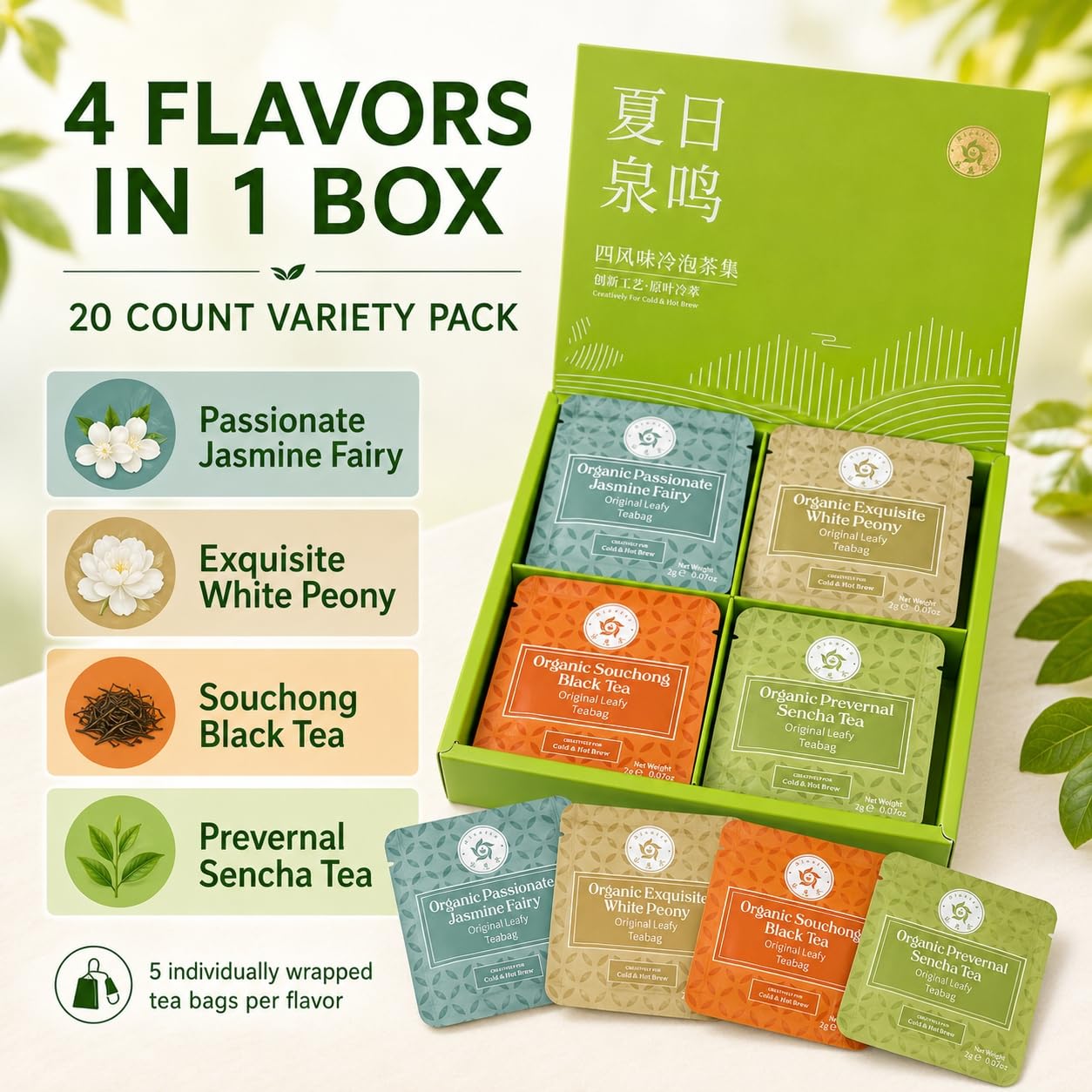 Rinatea Premium Cold Brew Tea Bags - 4 Flavor Variety Pack | 100% Natural Loose Leaf Tea | Perfect Iced Tea Gift Set for Refreshing &amp; Delicious Taste（20 counts)