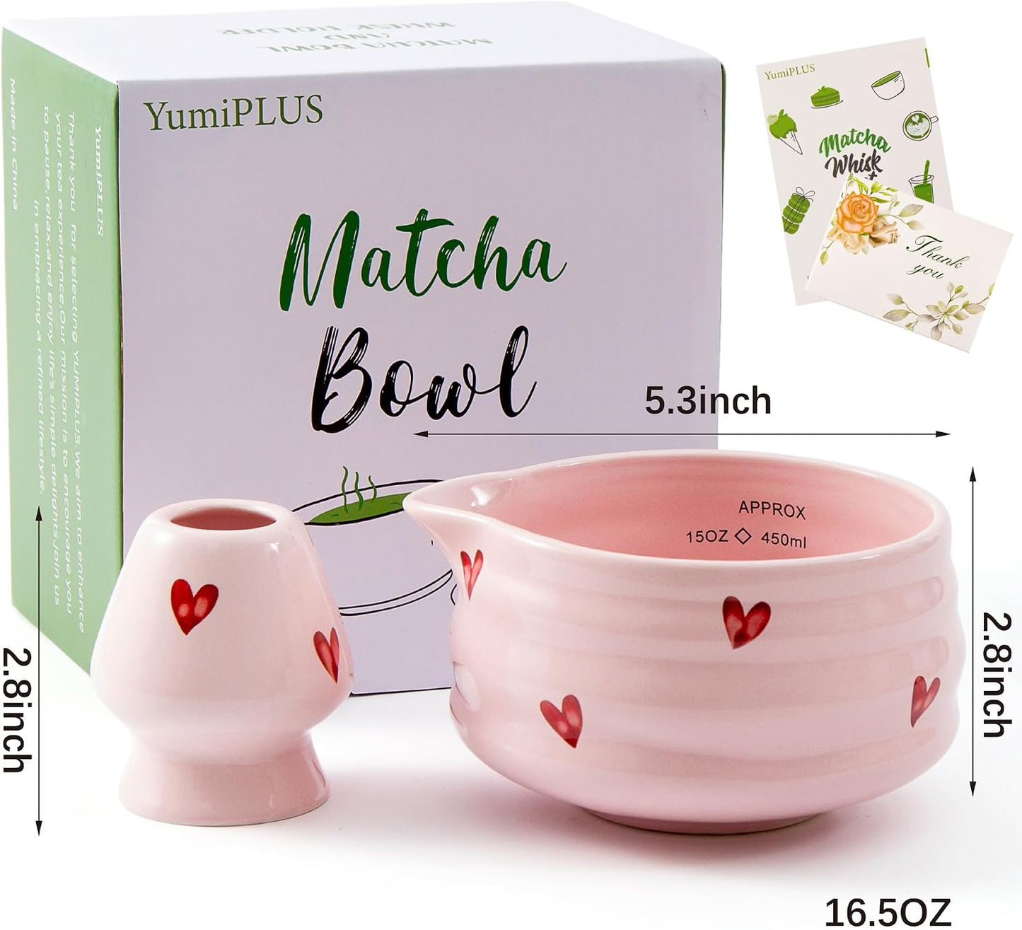 Ceramic Matcha Bowl with Bamboo Whisk Holder, Pink Love, Set of 2 | 16.5OZ Bowl with Spout and Measurement Marks, Japanese Tea Mixing Bowl with Whisk Stand, Matcha Gift Set, Ideal Gift Choice