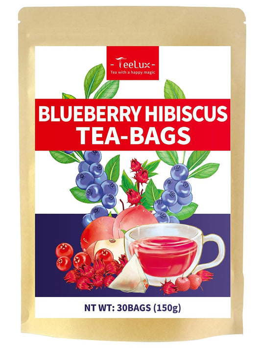TeeLux Blueberry Hibiscus Tea Bags, Caffeine Free Fruit Herbal Tea, 30Count | Sweet &amp; Tart Fruit Flavor, Hibiscus Blend with Cranberry, Blueberry, Peach, Apple, Hibiscus, Hawthorn