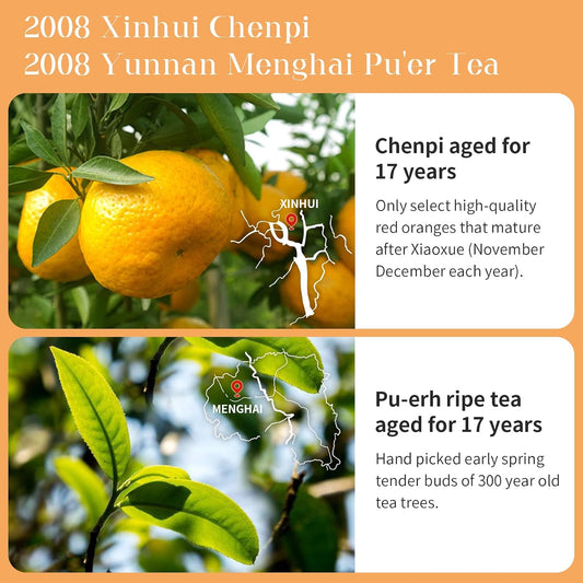 XIXICHA Tangerine Peel Puerh Tea Big Orange Peel Puer Tea Da Hong Gan Mandarin Orange Peel Puerh Xinhui ChenPi Pu'er Citrus Yunnan Puerh 大红柑 陈皮普洱茶 新会陈皮 云南普洱茶 熟茶 8.8oz/250g （One about 30-35g）