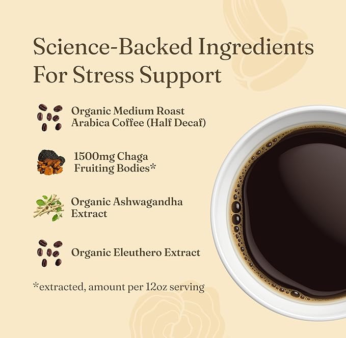 Four Sigmatic Organic Balance Adaptogen Ground Coffee, Medium Roast USDA Organic Coffee with Ashwagandha, Chaga Mushroom