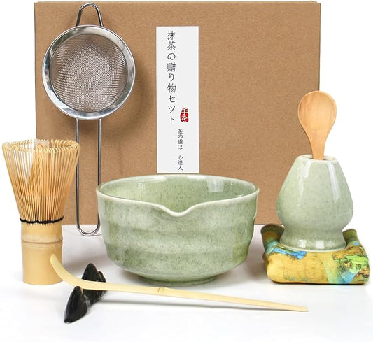 Matcha Whisk Set, 8pcs Japanese Ceremonial Matcha Kit include Mixing Bowl with Spout, Bamboo Whisk and Holder