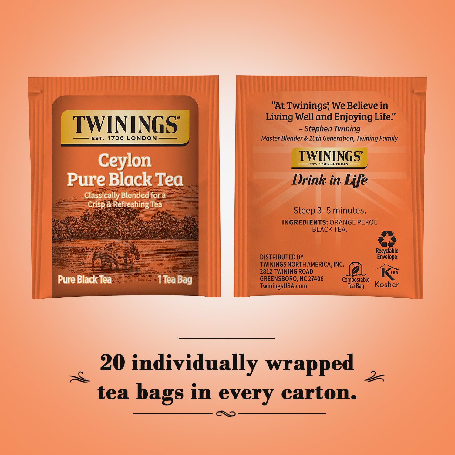 Twinings Ceylon Pure Black Tea - A Crisp, Refreshing, Formerly Orange Pekoe, Caffeinated Tea Bags, Individually Wrapped, 20 Count (Pack of 2)