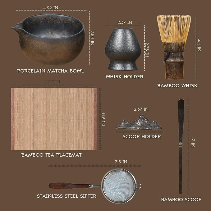 7-Piece Matcha Set with Ceramic Matcha Bowl, Bamboo Whisk (Chasen) & Holder, Sifter, Tea Scoop & Rest, Special Bamboo Tea Mat - Perfect Matcha Kit for Matcha Lovers & Gift Giving, Gilded