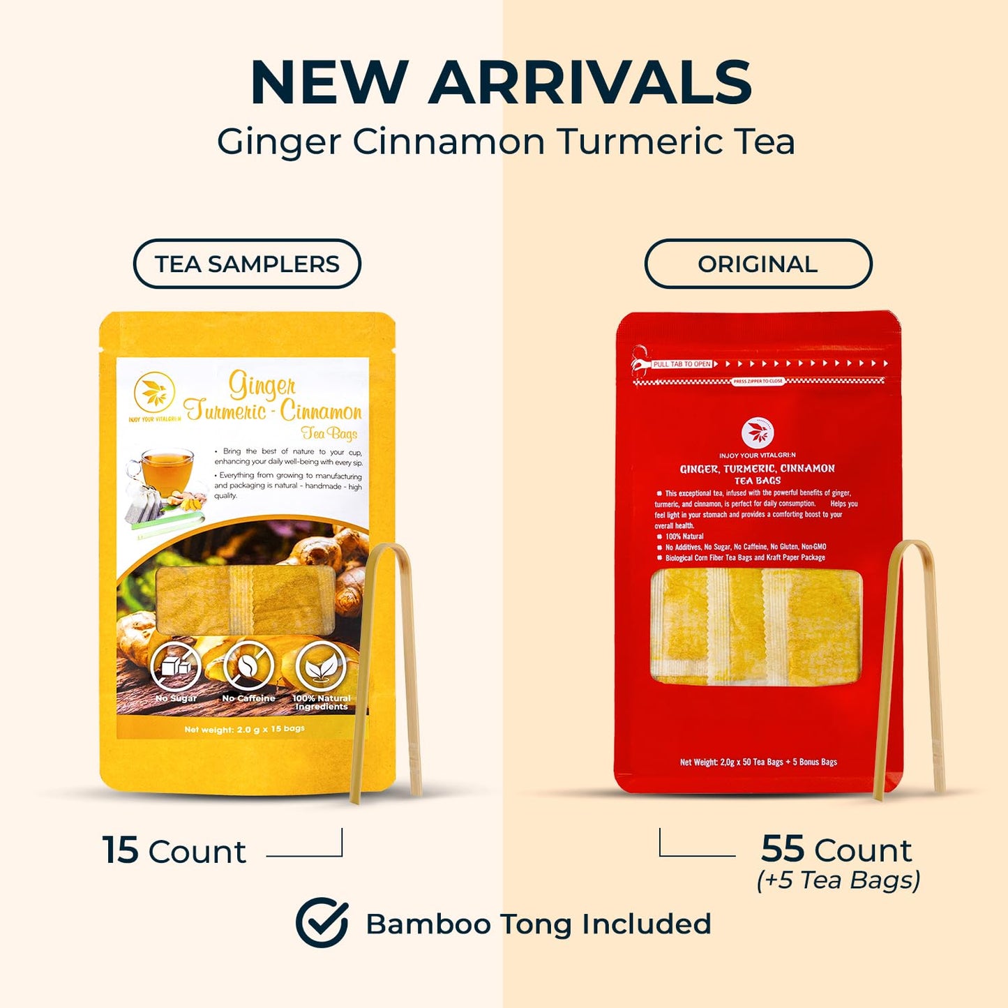 Ginger Turmeric Cinnamon Tea Bags, 55 Count, Bamboo Tong Included, 5.47 oz