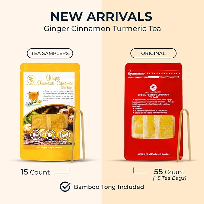 Ginger Cinnamon Turmric Tea Bags with Bamboo Tong - 55 Count (+5 Count), 5.47 oz, Re-Steep Corn Based Bag, Natural Herbal Tea for Body Warm