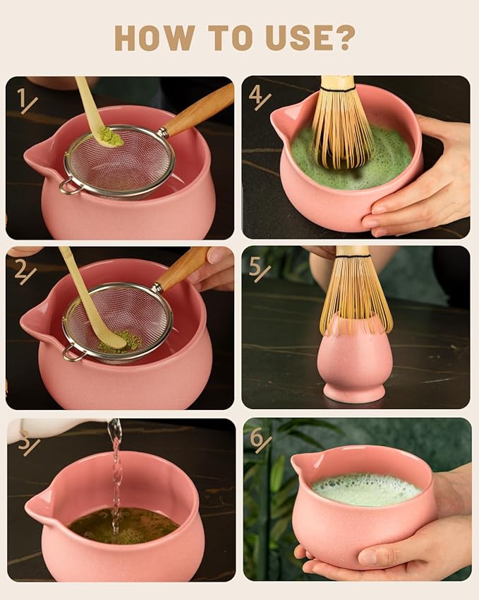 Nucookery Matcha Whisk Set - 5 Pcs Matcha Set with 18oz Ceramic Matcha Bowl (Chawan) with Spout, Bamboo Whisk & Holder, Scoop and Sifter