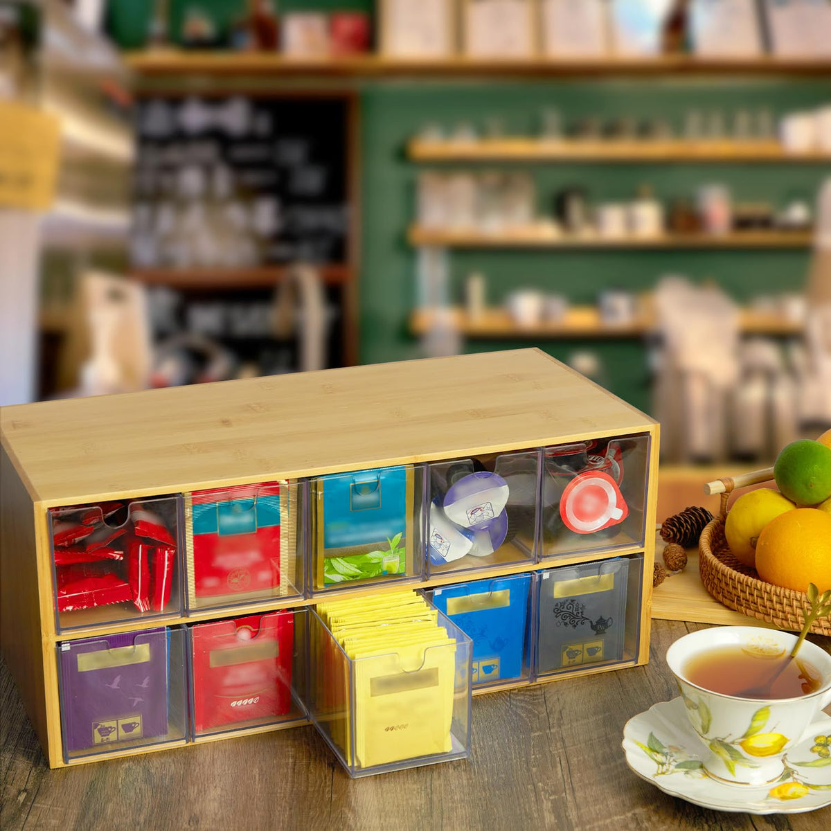 TIMIEEYA Tea Bag Organizer - Bamboo Tea Storage Organizer With Drawer 2 Layer, Tea Organizer for Tea Bags Natural Wood &
