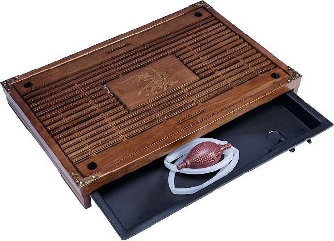 RORA Bamboo Tea Tray Chinese Gongfu Tea Serving Tray with Drawer Type Water Storage Drainage Kungfu Tea Set Table (Brown)