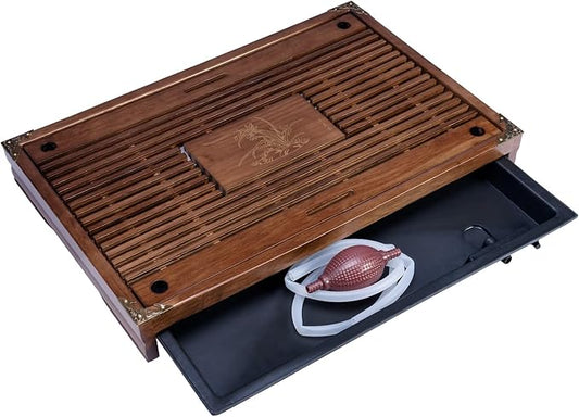 Rora Bamboo Tea Tray Chinese Gongfu Tea Serving Tray with Drawer Type Water Storage Drainage Kungfu Tea Set Table (Brown)
